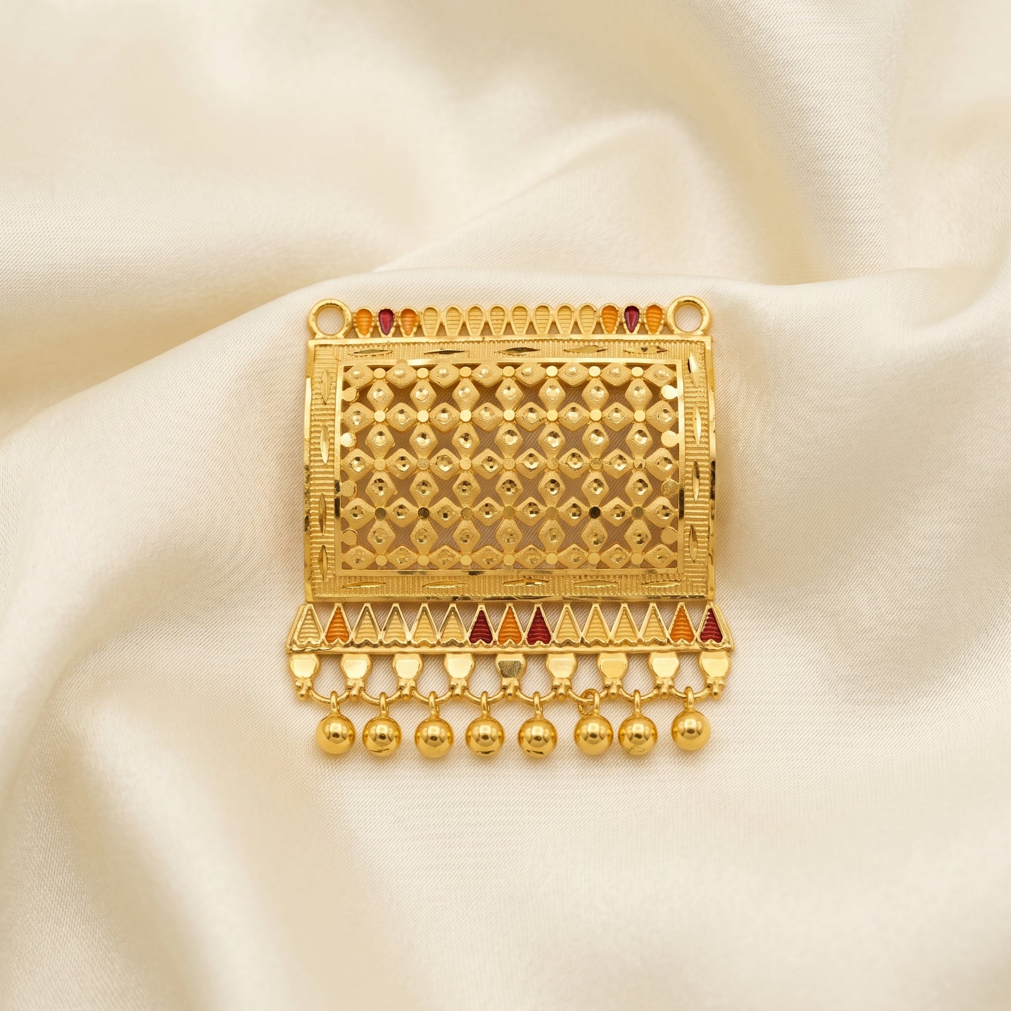Gold Diamond-Grid Enamel Triangle Ball Drop Necklace Set