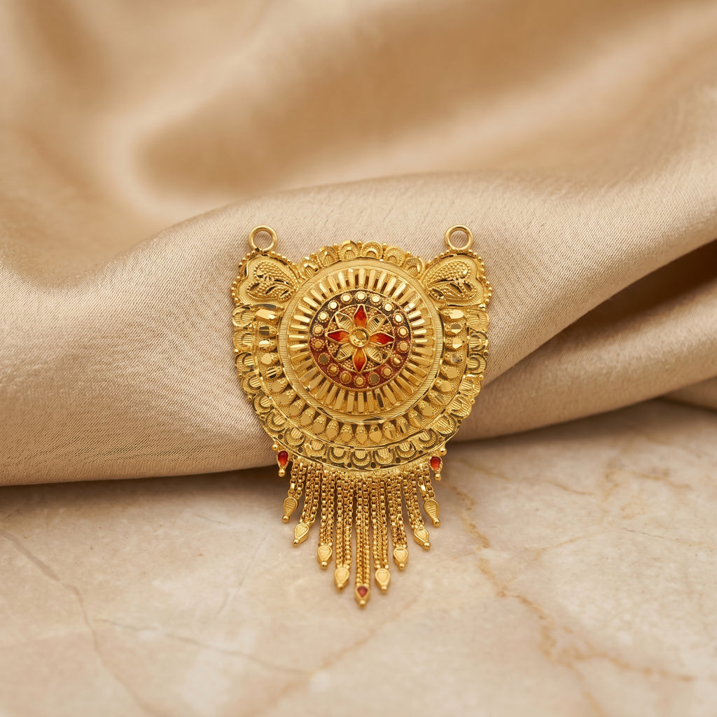 Gold Peacock Wing Disc Ruby Tassel Necklace Set