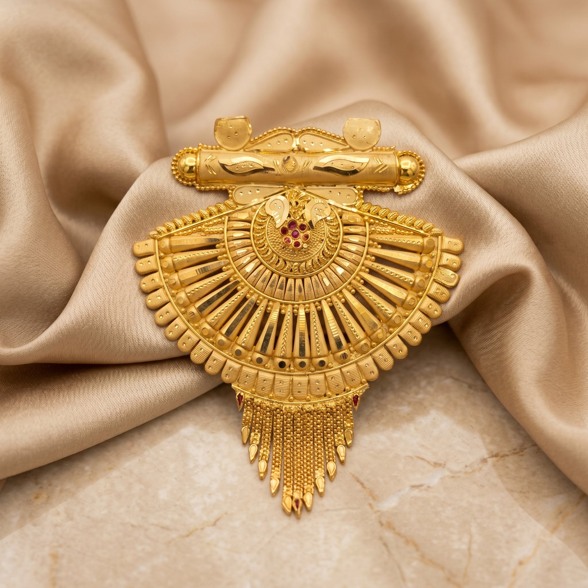 Gold Peacock Sunburst Fan Tassel Pendant Necklace Set