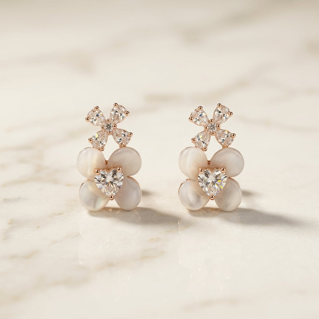 Rose Gold Double Flower Heart Stud Earrings