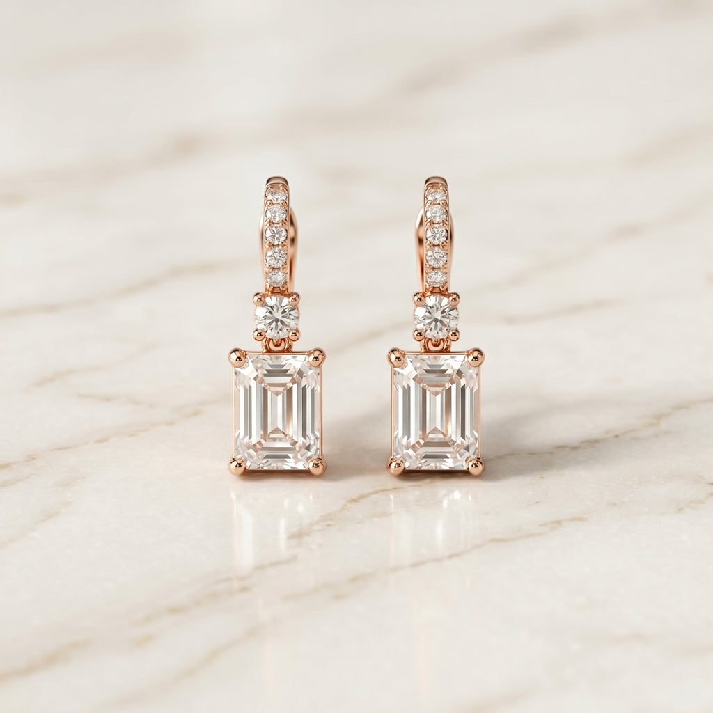 Rose Gold Emerald-Cut Crystal Drop Hoop Earrings