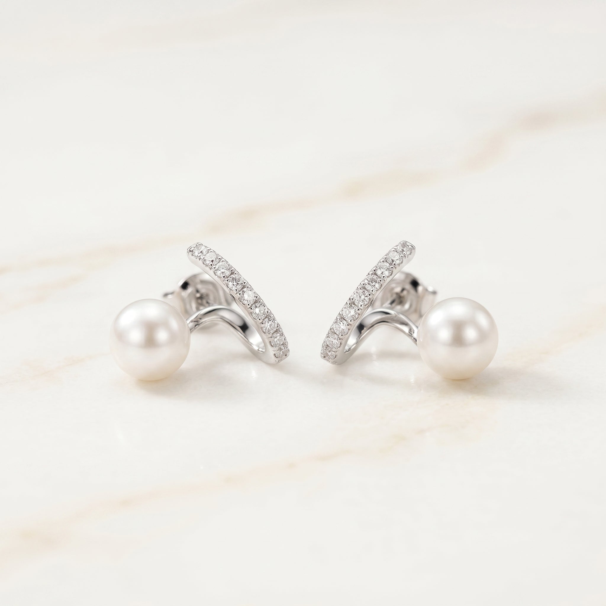 Silver Pearl Curved Pavé Wrap Earrings