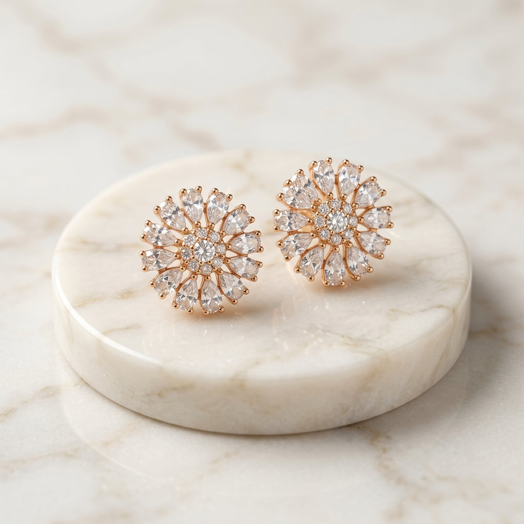 Rose Gold Layered Sunburst Flower Stud Earrings