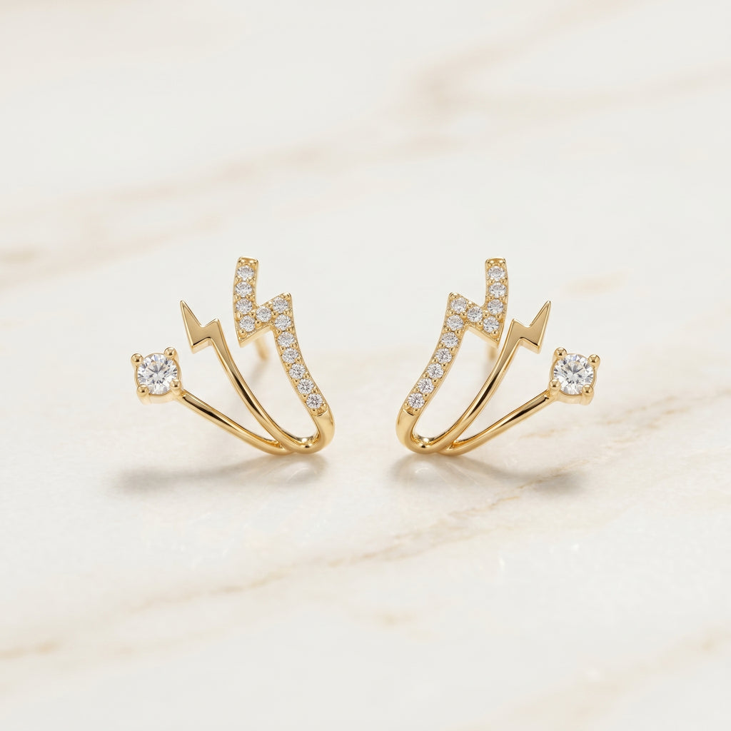 Gold Lightning Bolt Crystal Cuff Stud Earrings