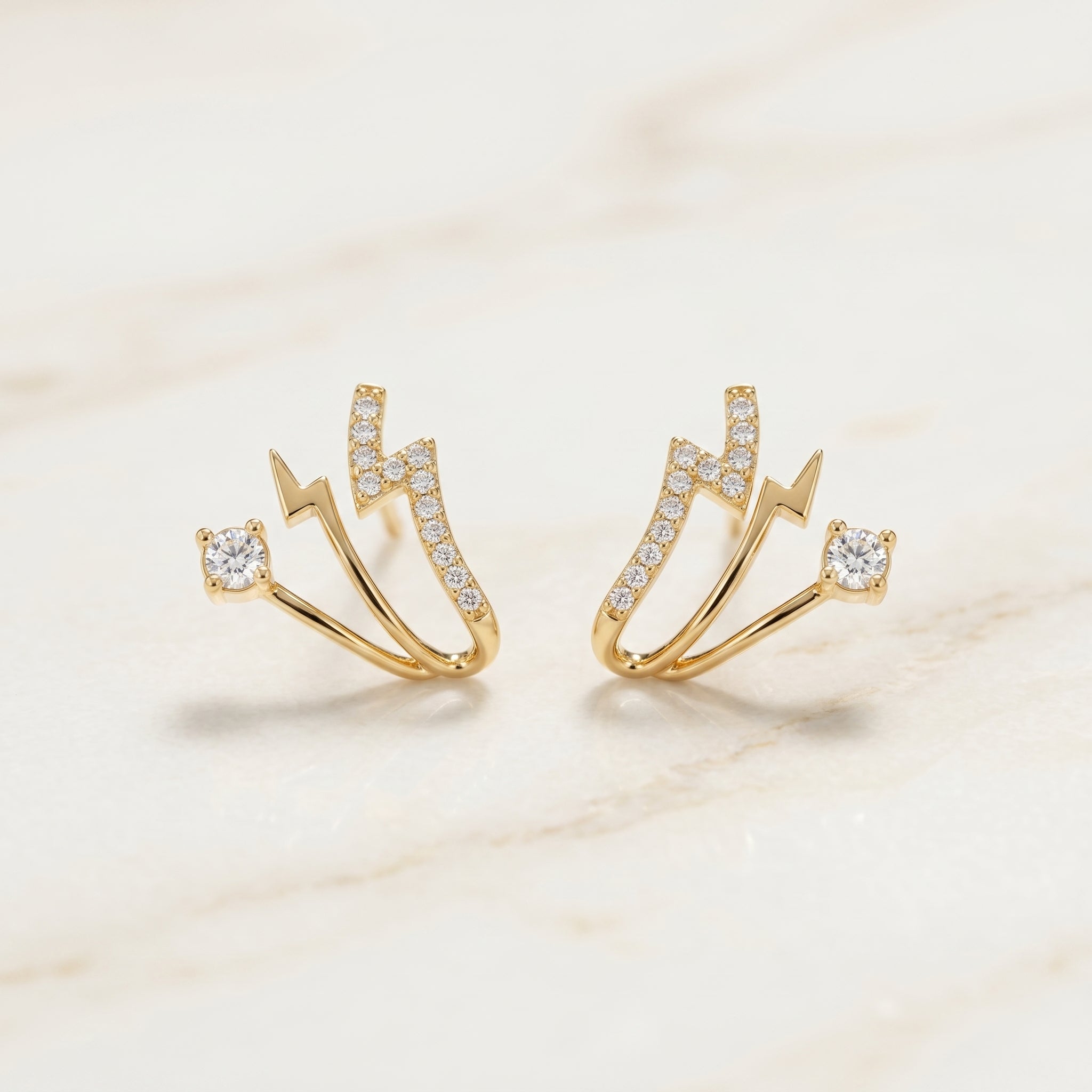 Gold Lightning Bolt Crystal Cuff Stud Earrings