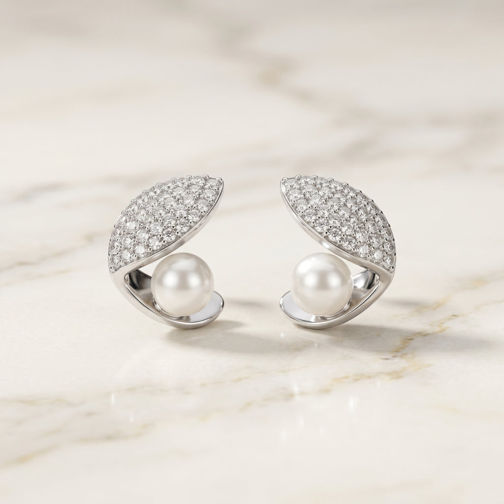 Pavé Leaf Pearl Wrap Stud Earrings