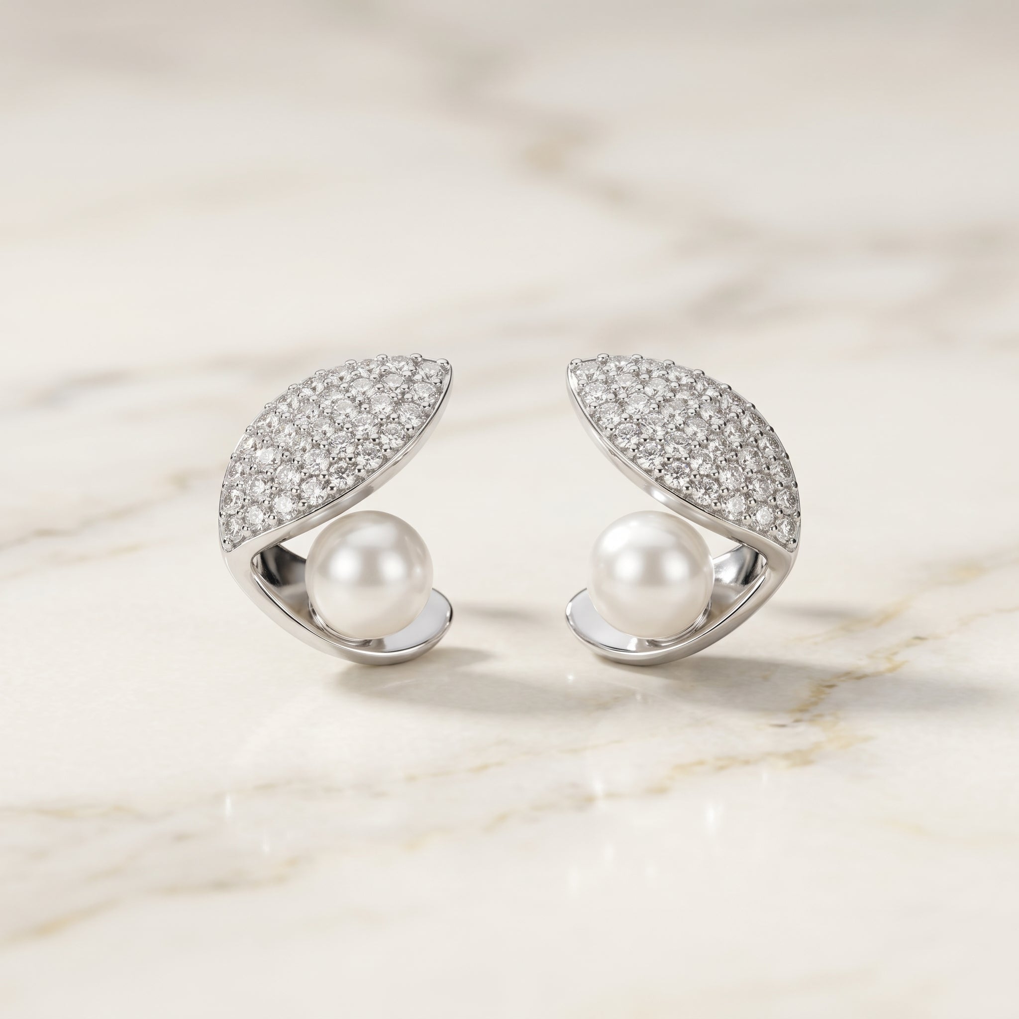 Pavé Leaf Pearl Wrap Stud Earrings