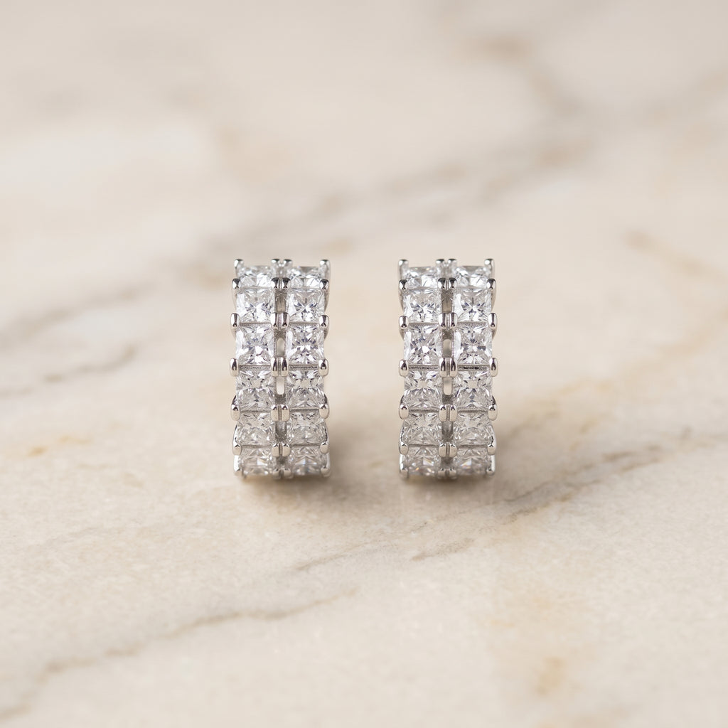 Silver Double-Row Princess-Cut Huggie Hoops Earrings