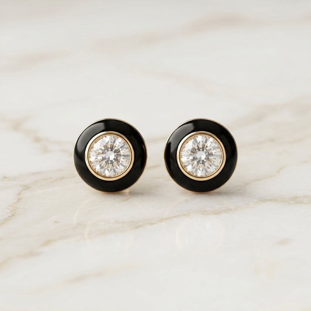 Black Enamel Bezel Crystal Stud Earrings