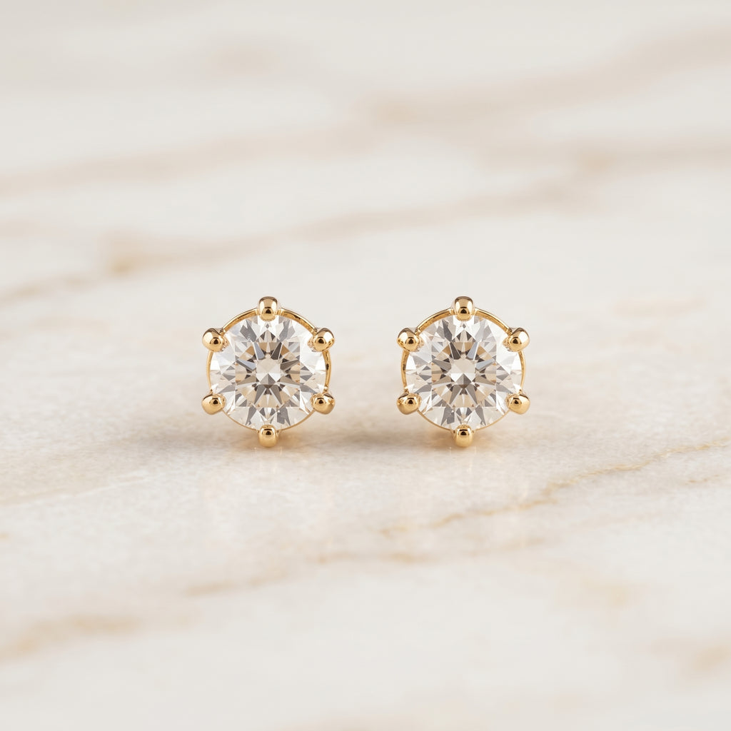 Gold Round Crystal Six-Prong Stud Earrings