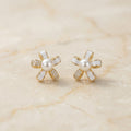 Gold White Enamel Pearl Flower Stud Earrings