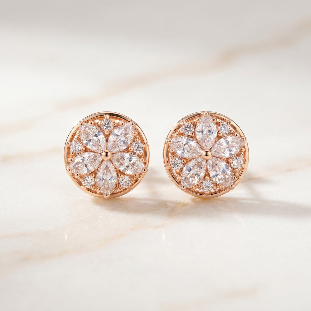 Rose Gold Marquise Flower Halo Stud Earrings