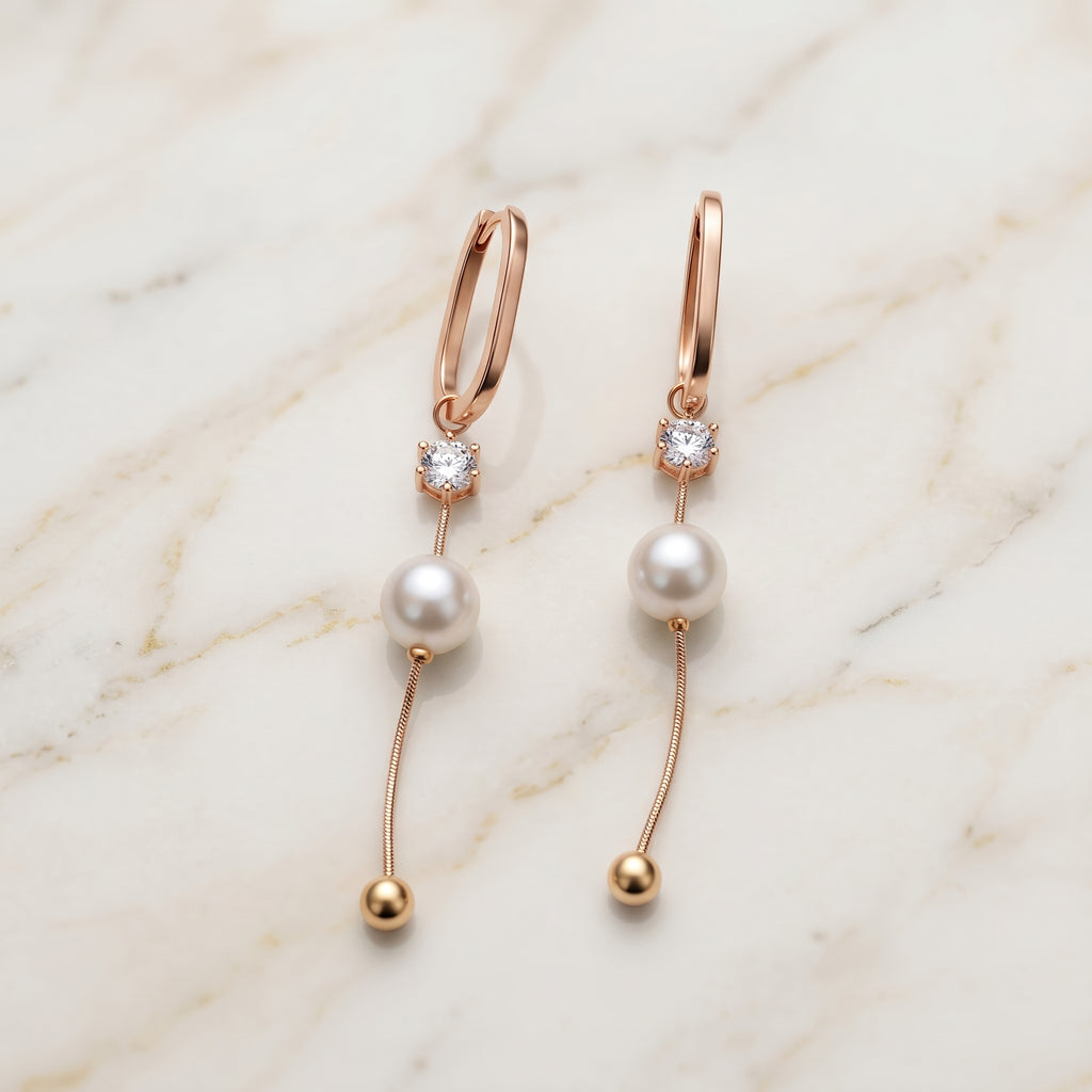 Rose Gold Pearl Drop Chain Dangle Earrings