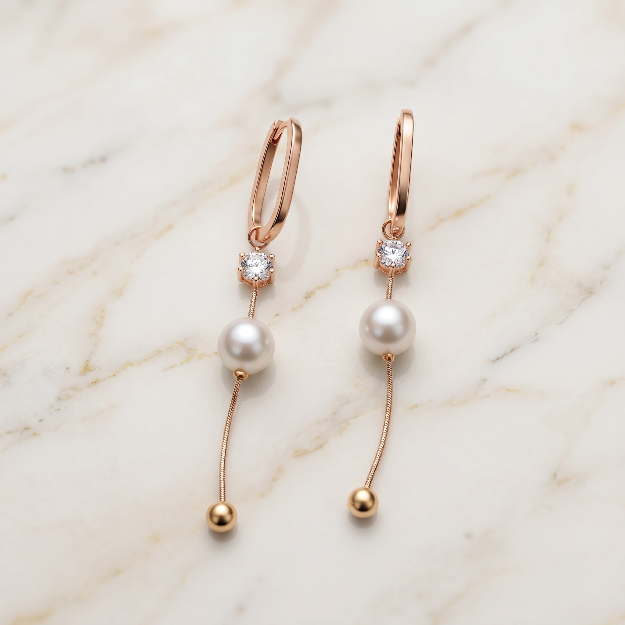 Rose Gold Pearl Drop Chain Dangle Earrings