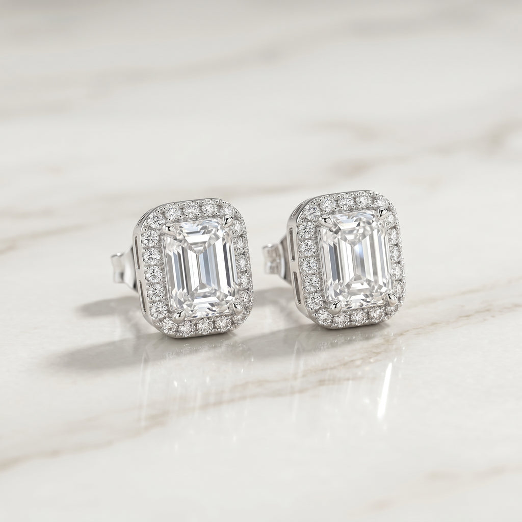 Emerald-Cut Crystal Halo Stud Earrings