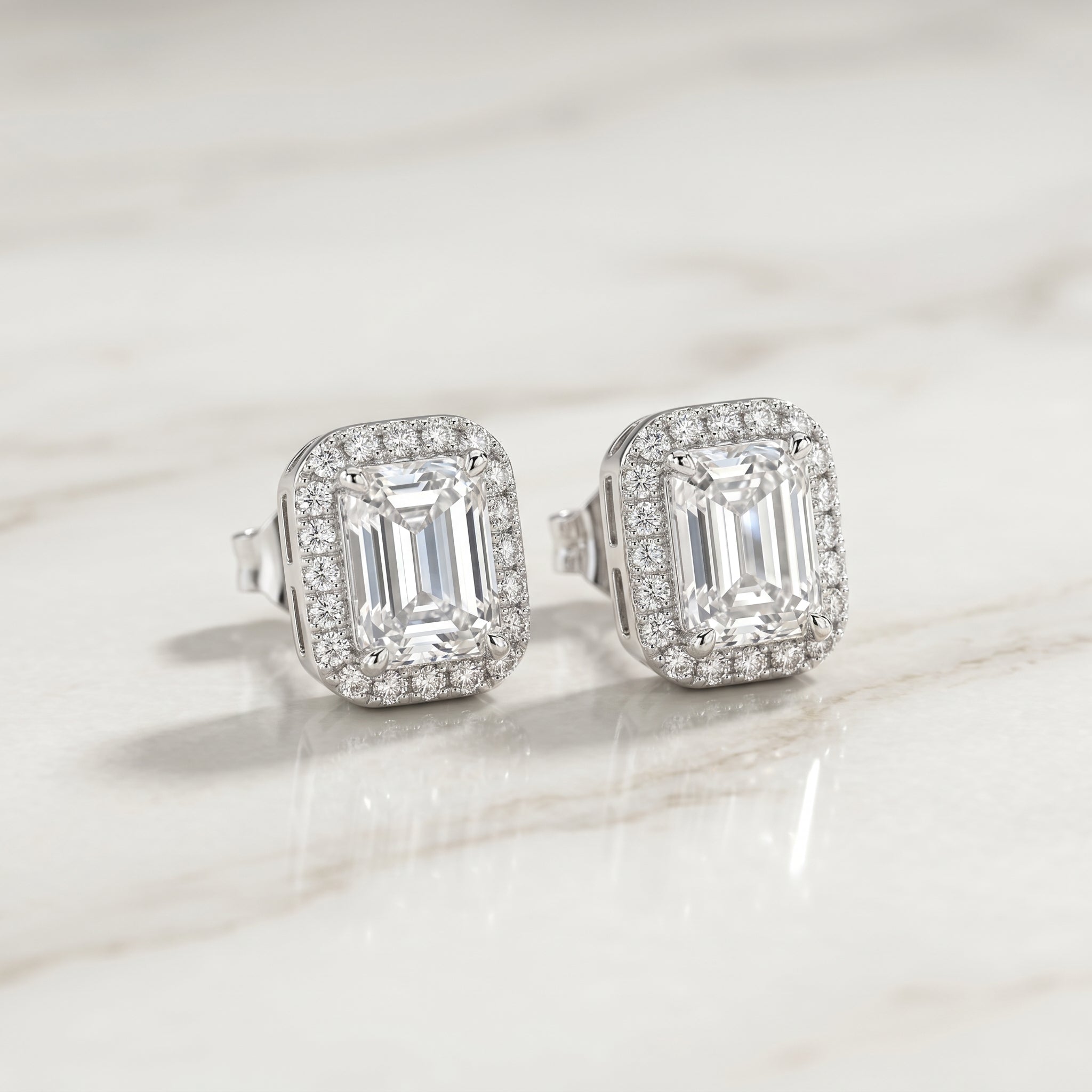 Emerald-Cut Crystal Halo Stud Earrings