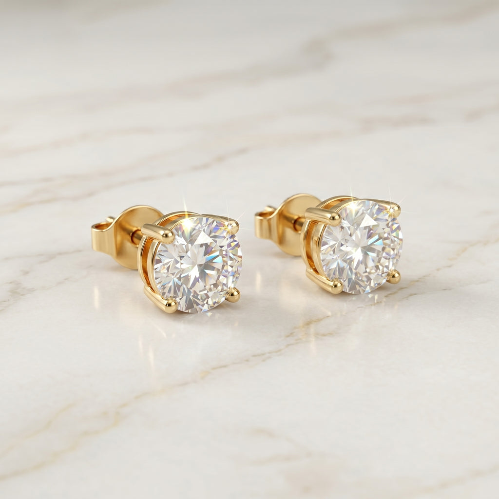 Gold Round Crystal Four-Prong Stud Earrings