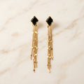 Black Diamond-Cut Stone Gold Chain Tassel Earrings