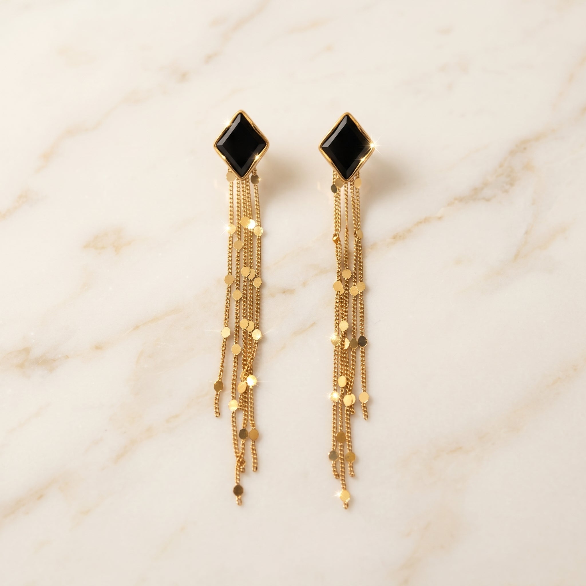 Black Diamond-Cut Stone Gold Chain Tassel Earrings