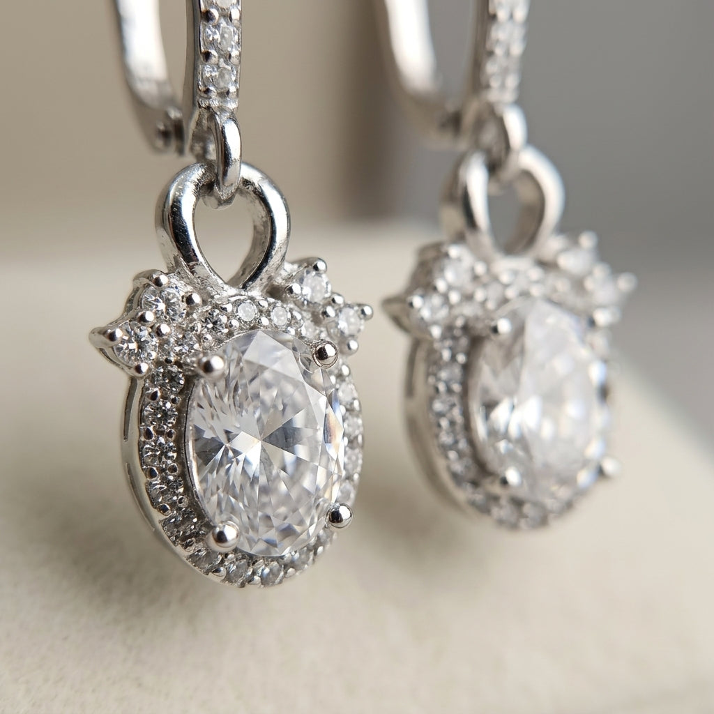 Oval Crystal Halo Drop Hoop Earrings
