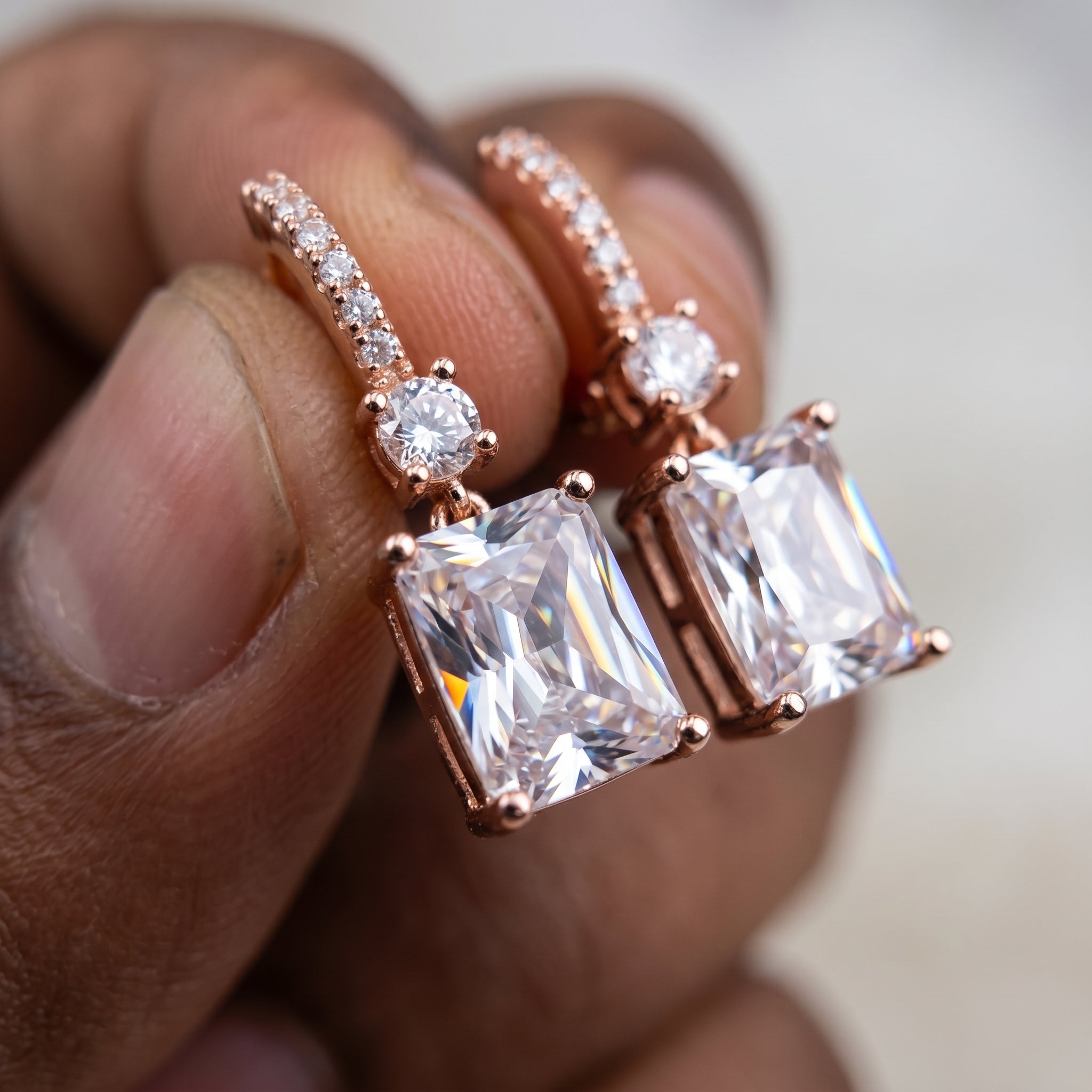 Rose Gold Emerald-Cut Crystal Drop Hoop Earrings