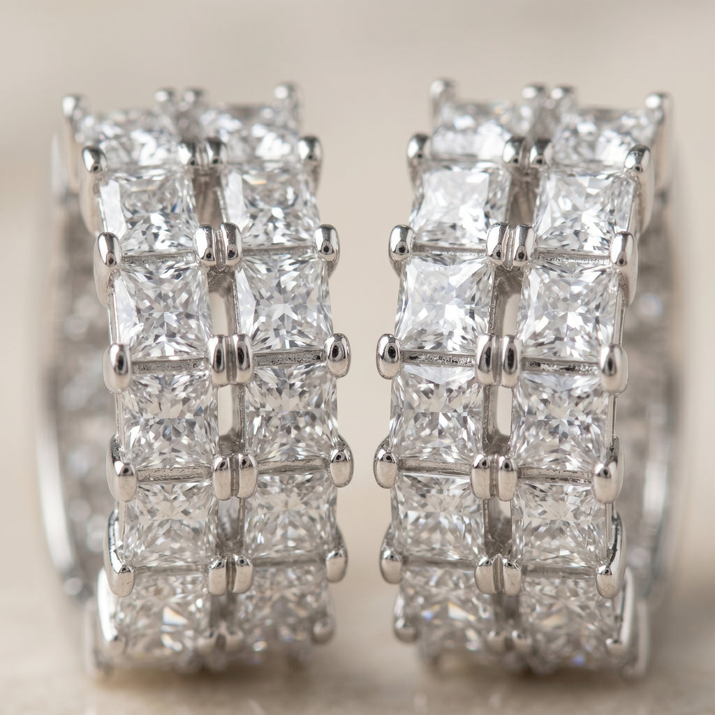 Silver Double-Row Princess-Cut Huggie Hoops Earrings