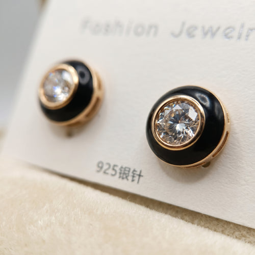 Black Enamel Bezel Crystal Stud Earrings