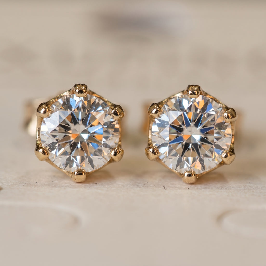 Gold Round Crystal Six-Prong Stud Earrings