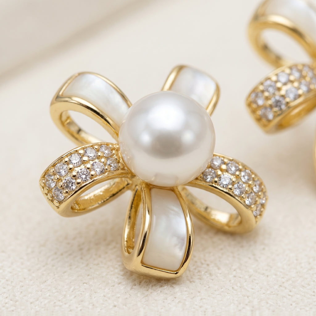 Gold White Enamel Pearl Flower Stud Earrings
