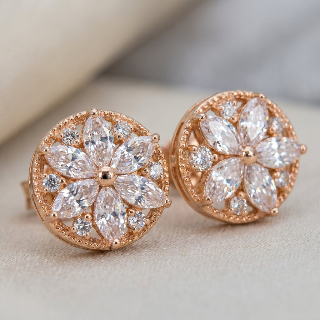 Rose Gold Marquise Flower Halo Stud Earrings