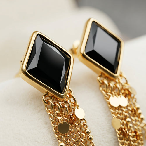 Black Diamond-Cut Stone Gold Chain Tassel Earrings