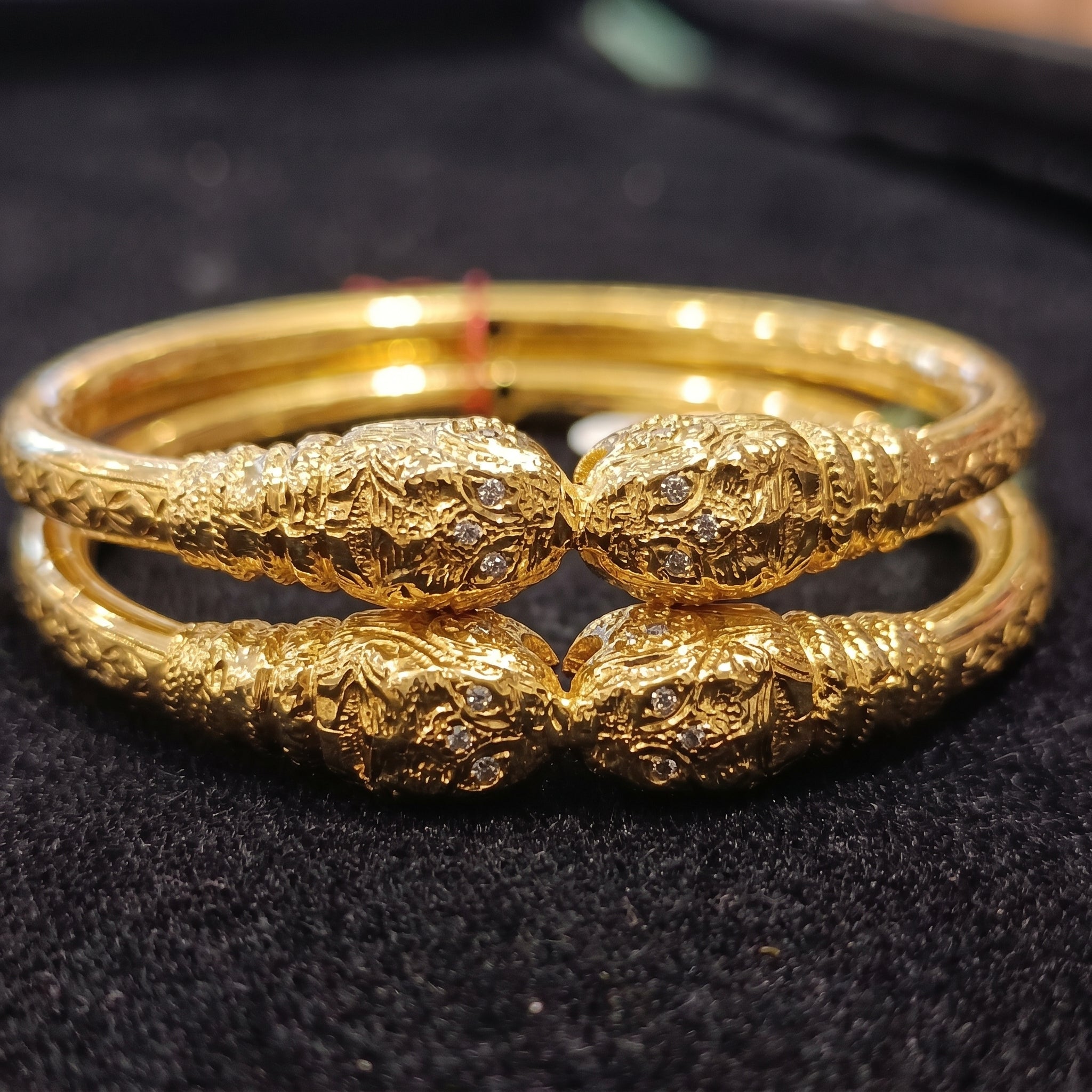 Gold Engraved Barrel Bead Plain Bangle Pair