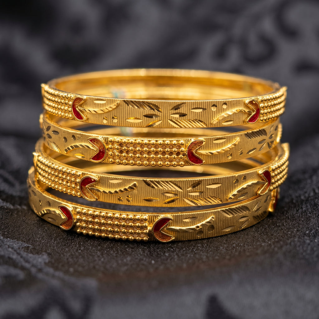 Gold Bright-Cut Crescent Meenakari Bangle Set of Four