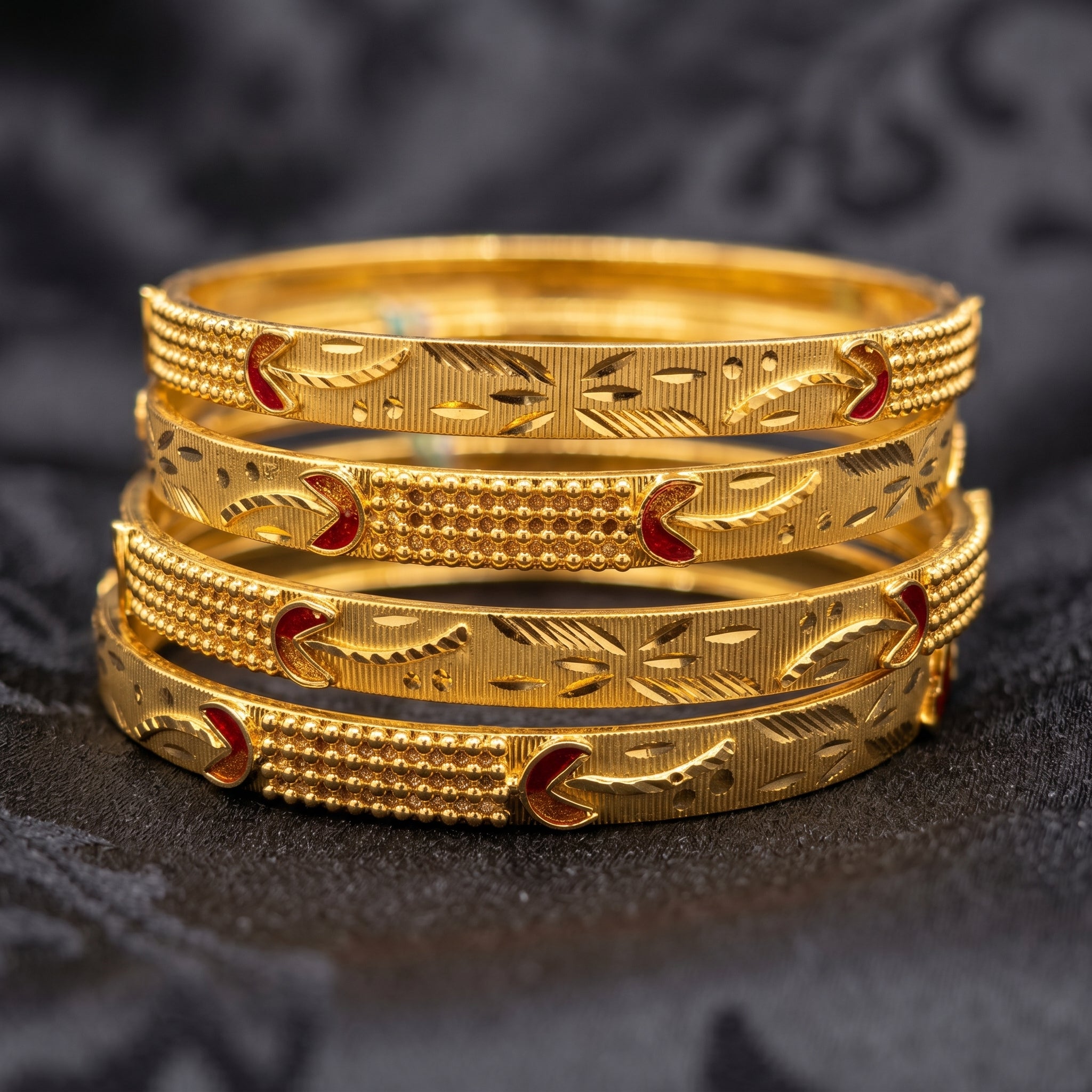 Gold Bright-Cut Crescent Meenakari Bangle Set of Four