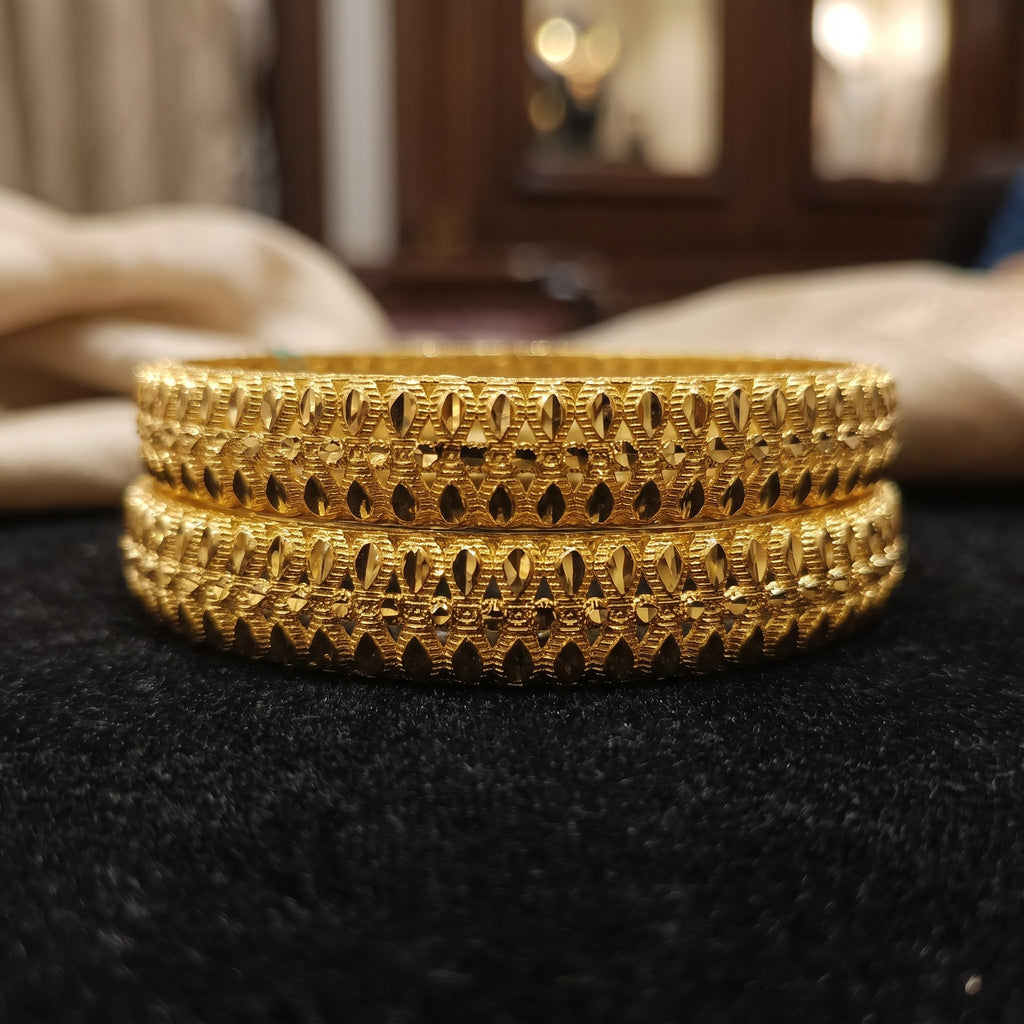 Gold Triple-Row Oval Drop Open-Work Bangle Pair