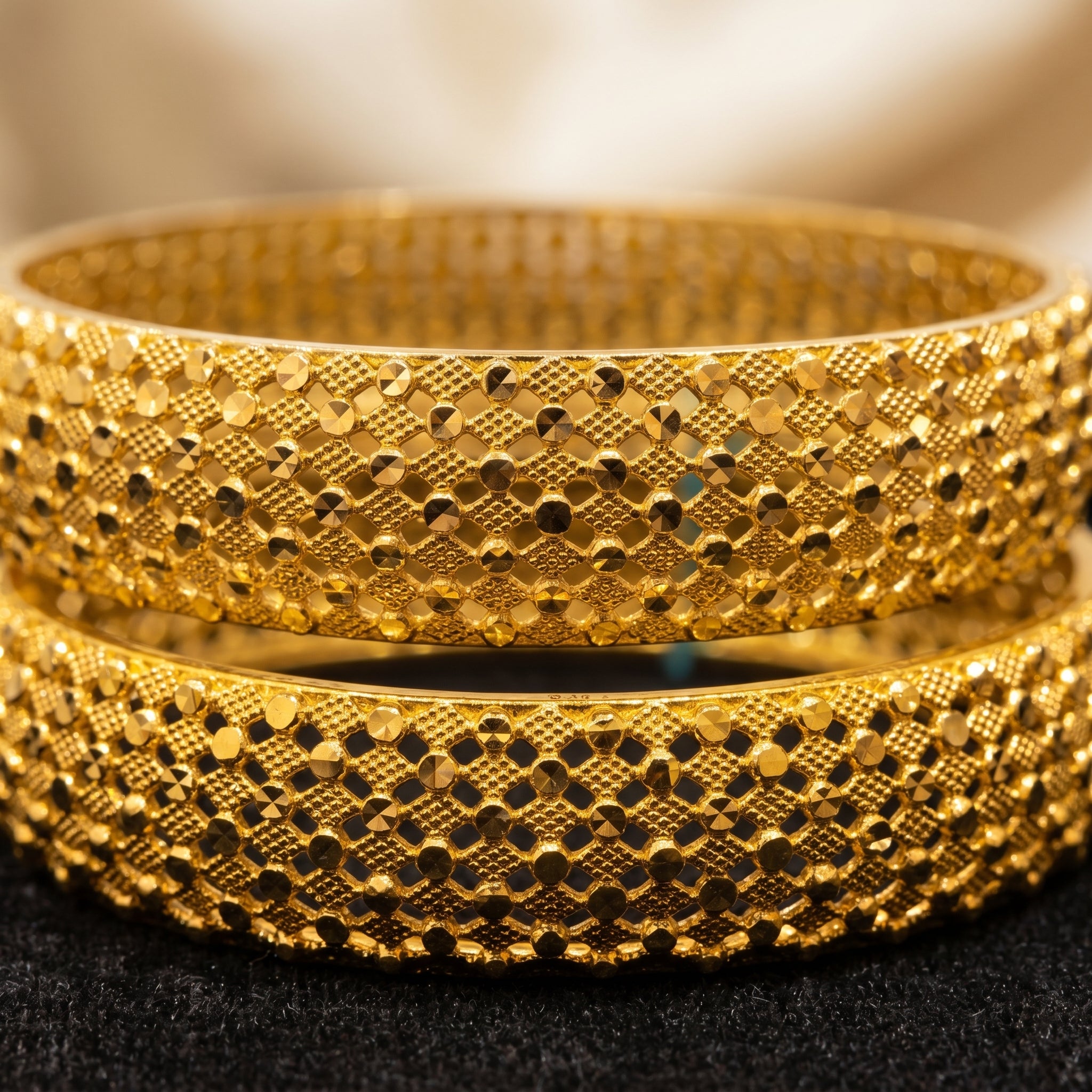 Gold Diamond Grid Granule Lace Bangle Pair