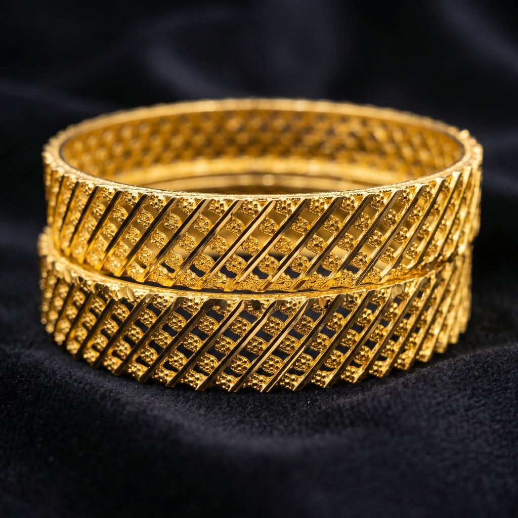 Gold Wide Diagonal Bar Open-Grille Bangle Pair