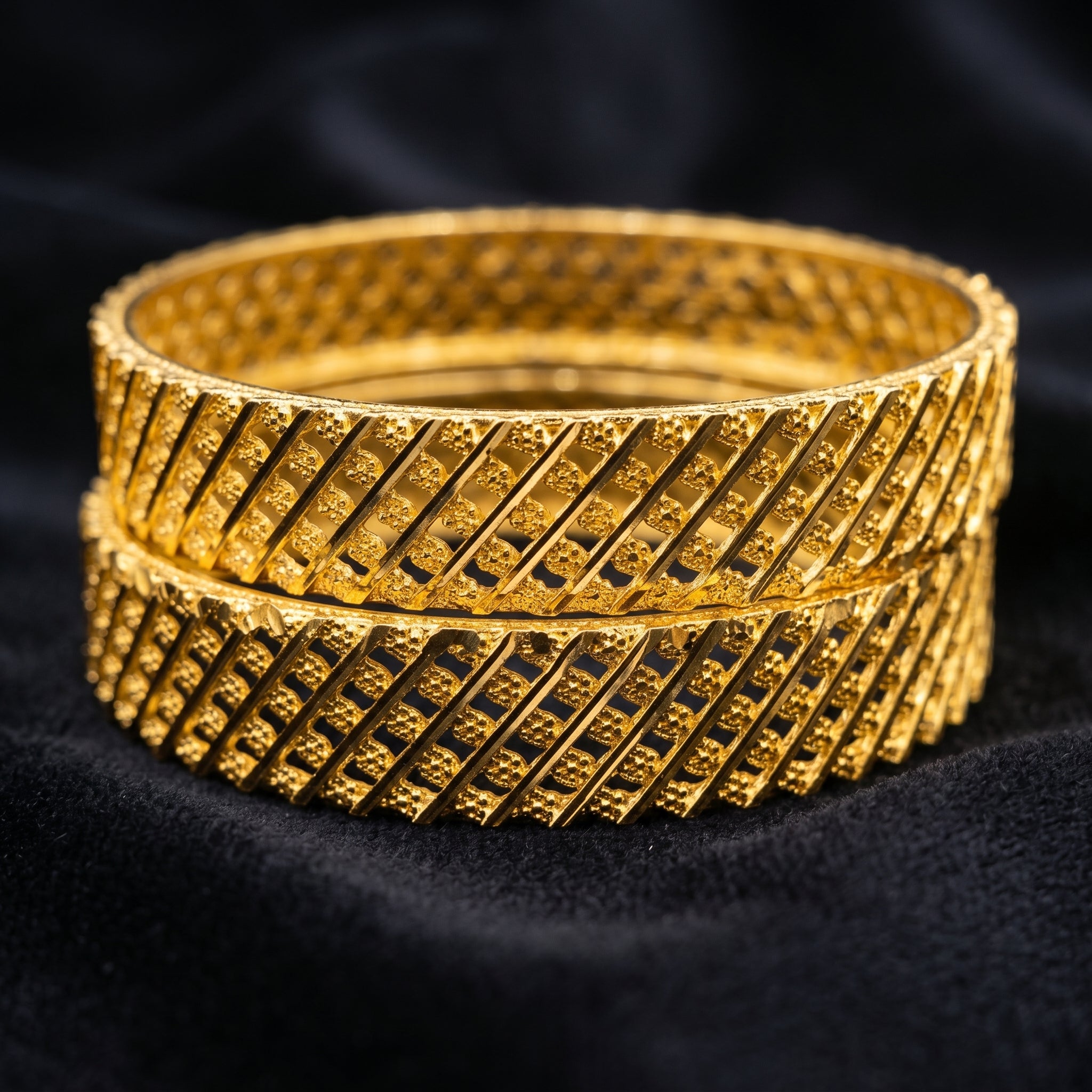 Gold Wide Diagonal Bar Open-Grille Bangle Pair