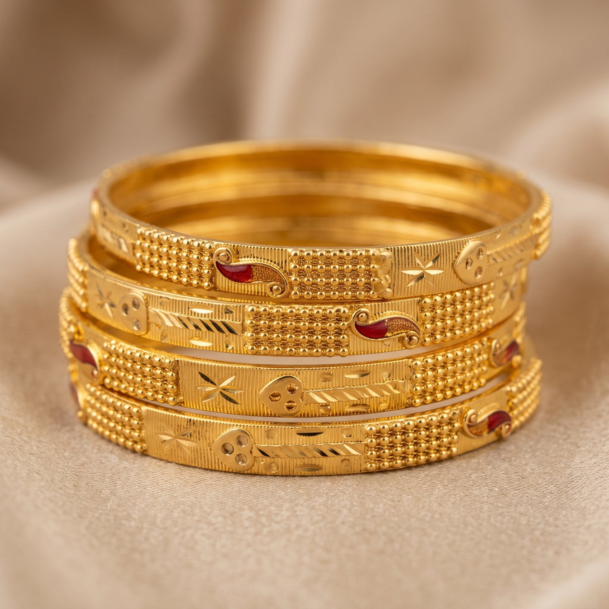 Gold Textured Enamel CZ Bangle Pair