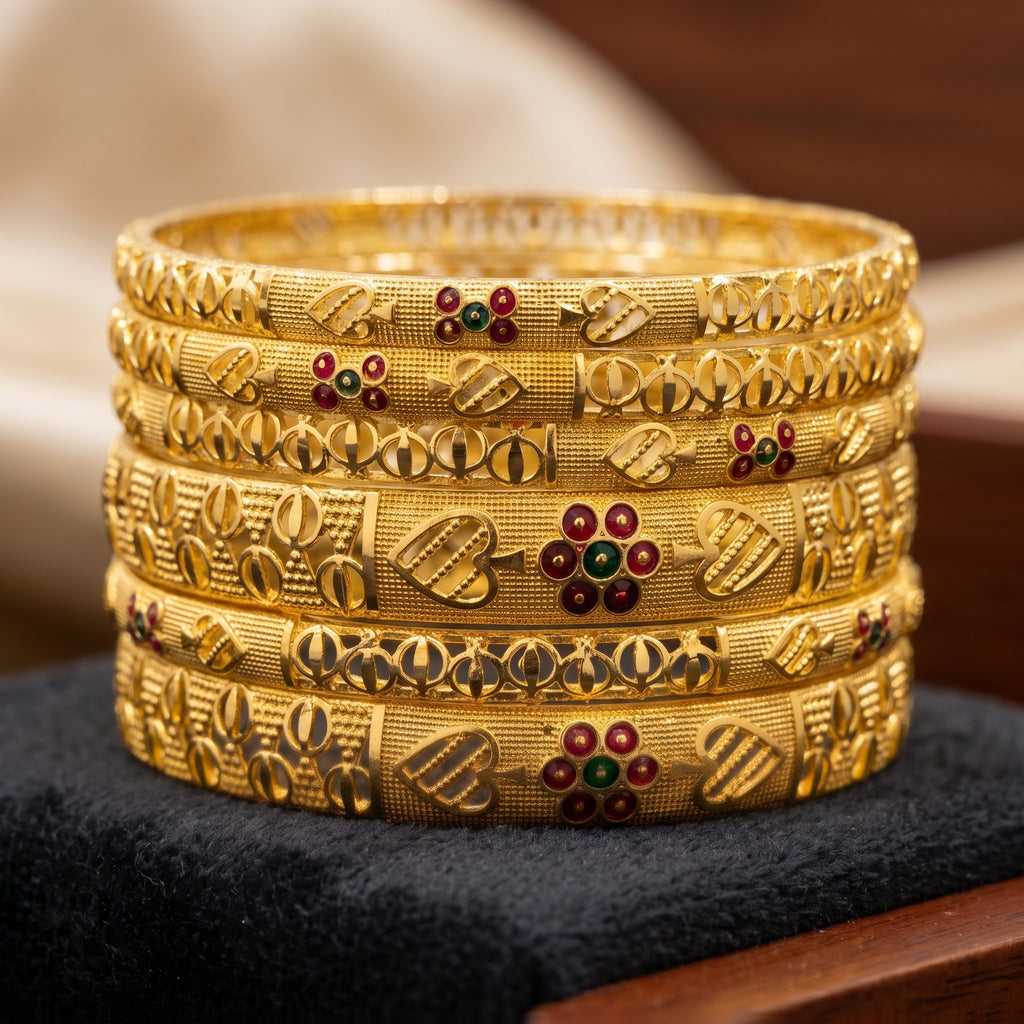 Gold Floral Ruby Emerald Openwork Bangle Pair