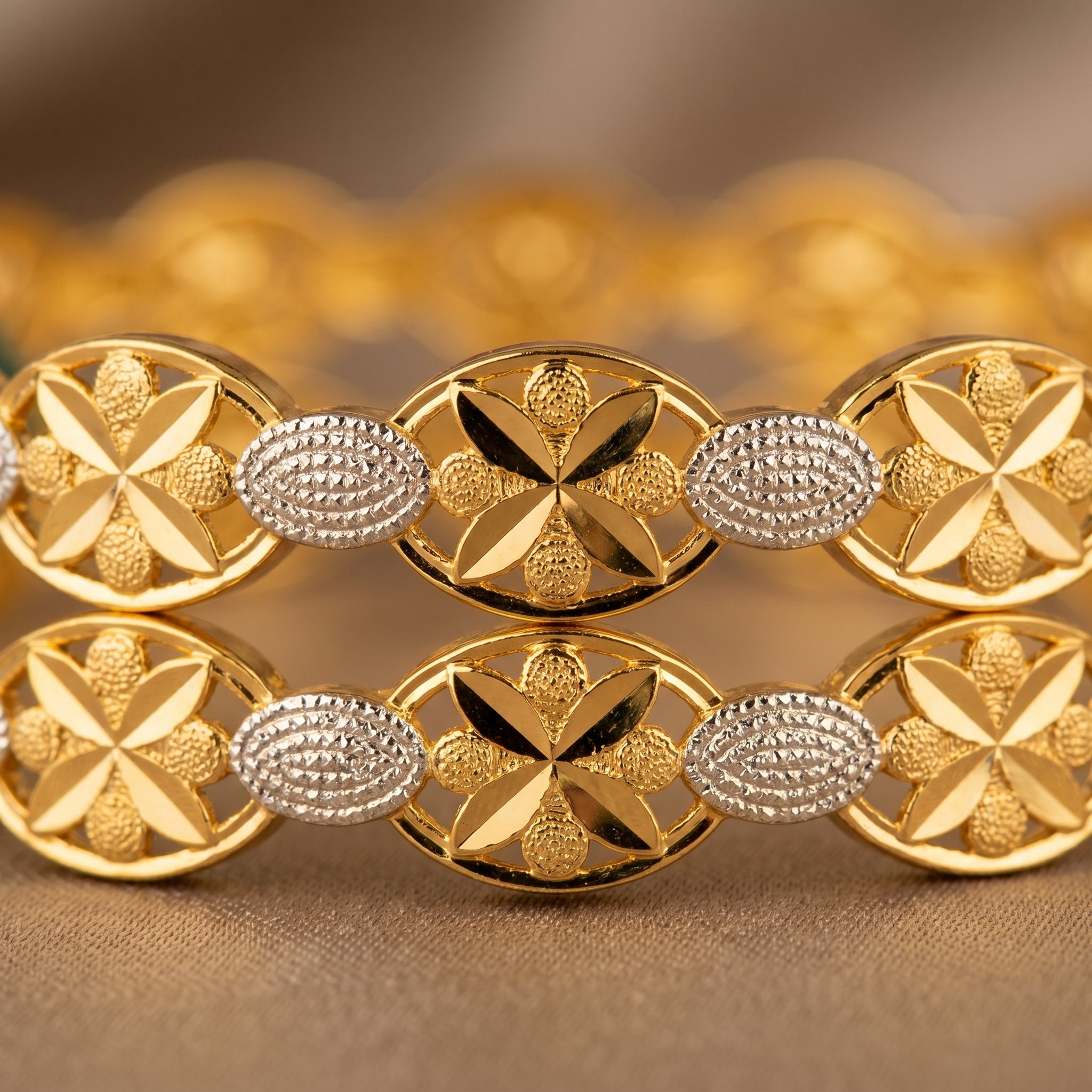 Gold Silver Floral Openwork Bangle Pair