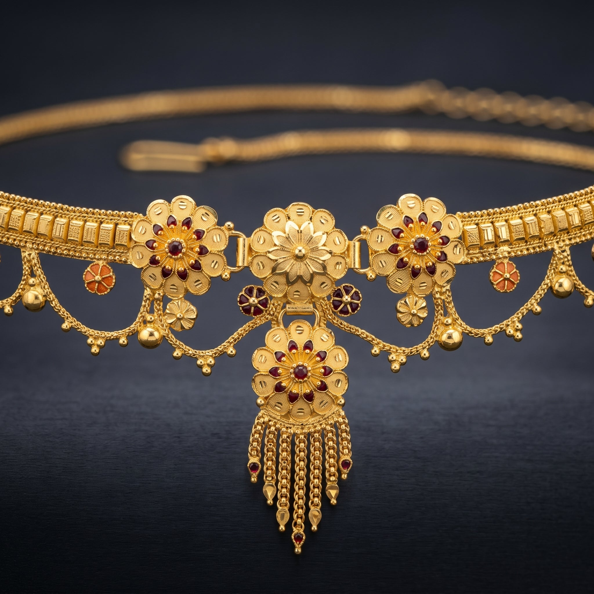 Gold Floral Medallion Ruby Tassel Kamarband