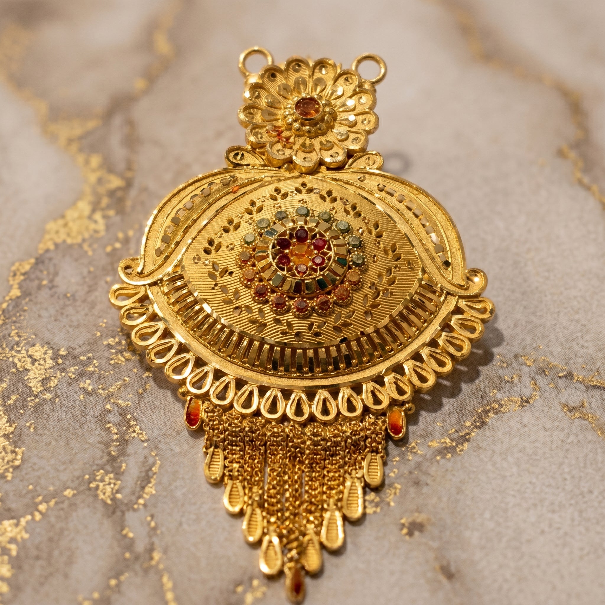 Gold Multicolour Stone Disc Medallion Tassel Necklace Set