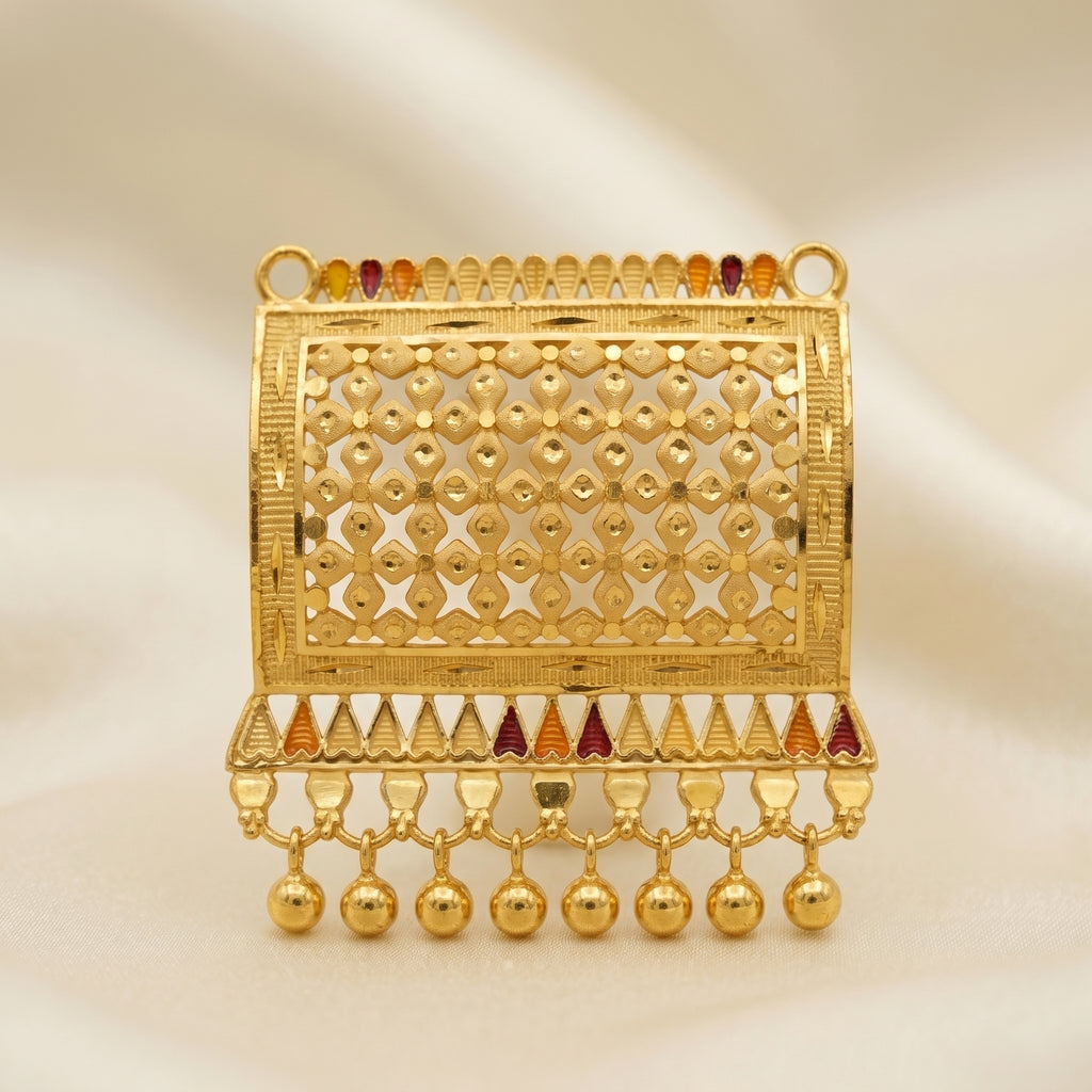 Gold Diamond-Grid Enamel Triangle Ball Drop Necklace Set