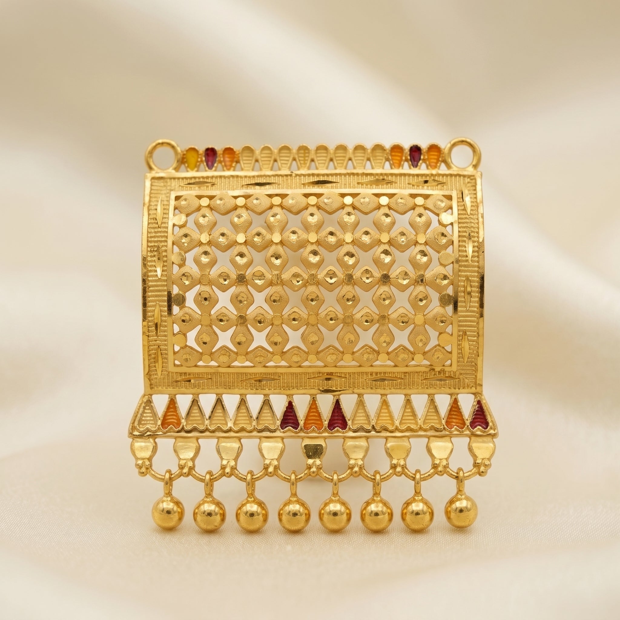 Gold Diamond-Grid Enamel Triangle Ball Drop Necklace Set