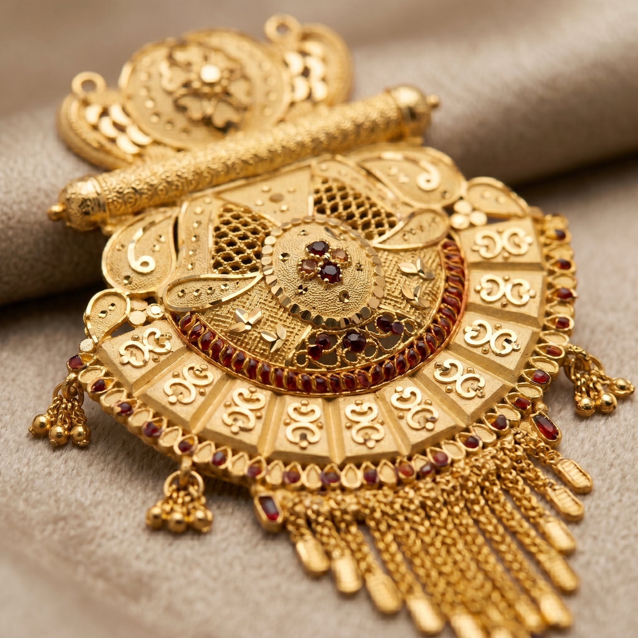 Gold Sunburst Fan Ruby Centre Tassel Necklace Set
