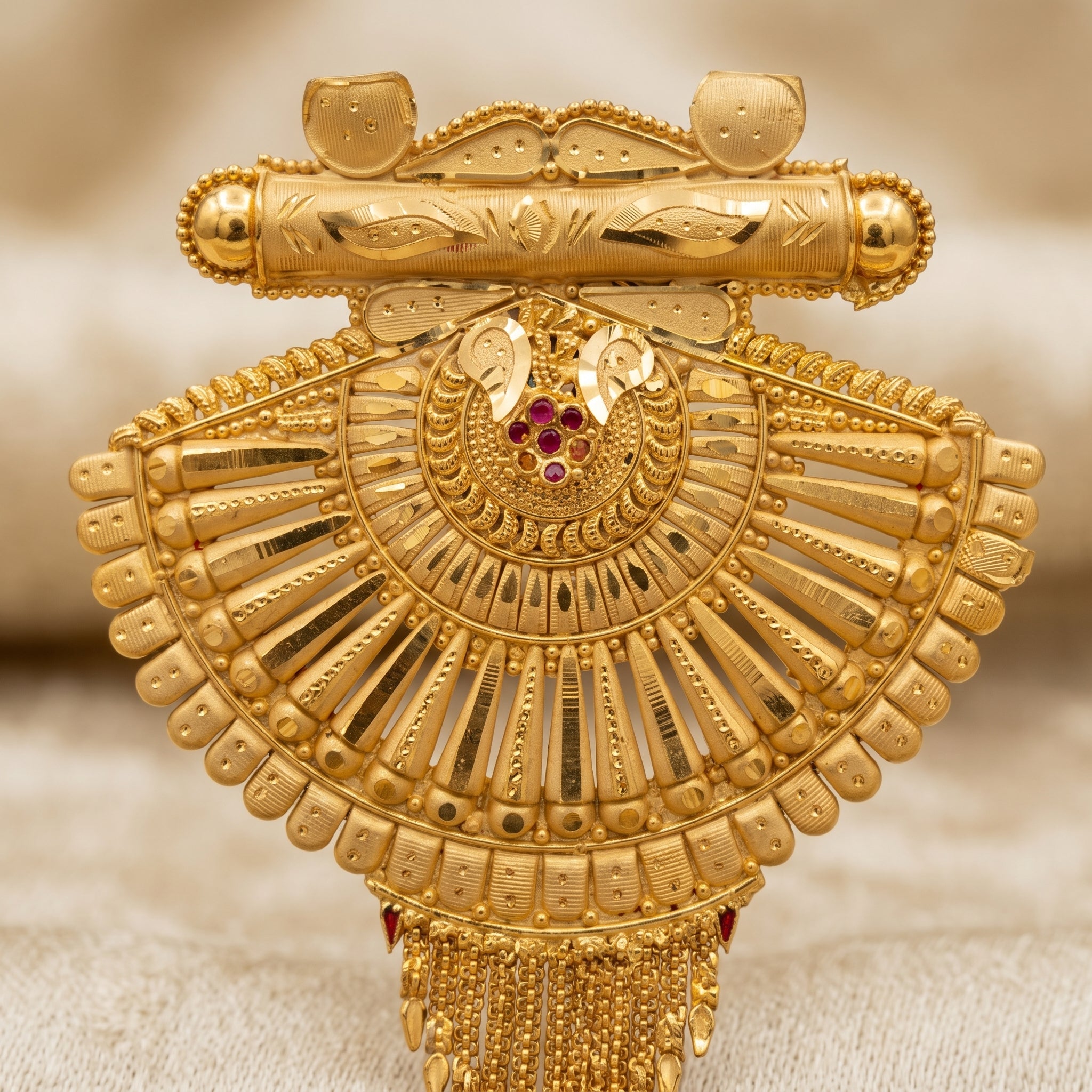 Gold Peacock Sunburst Fan Tassel Pendant Necklace Set