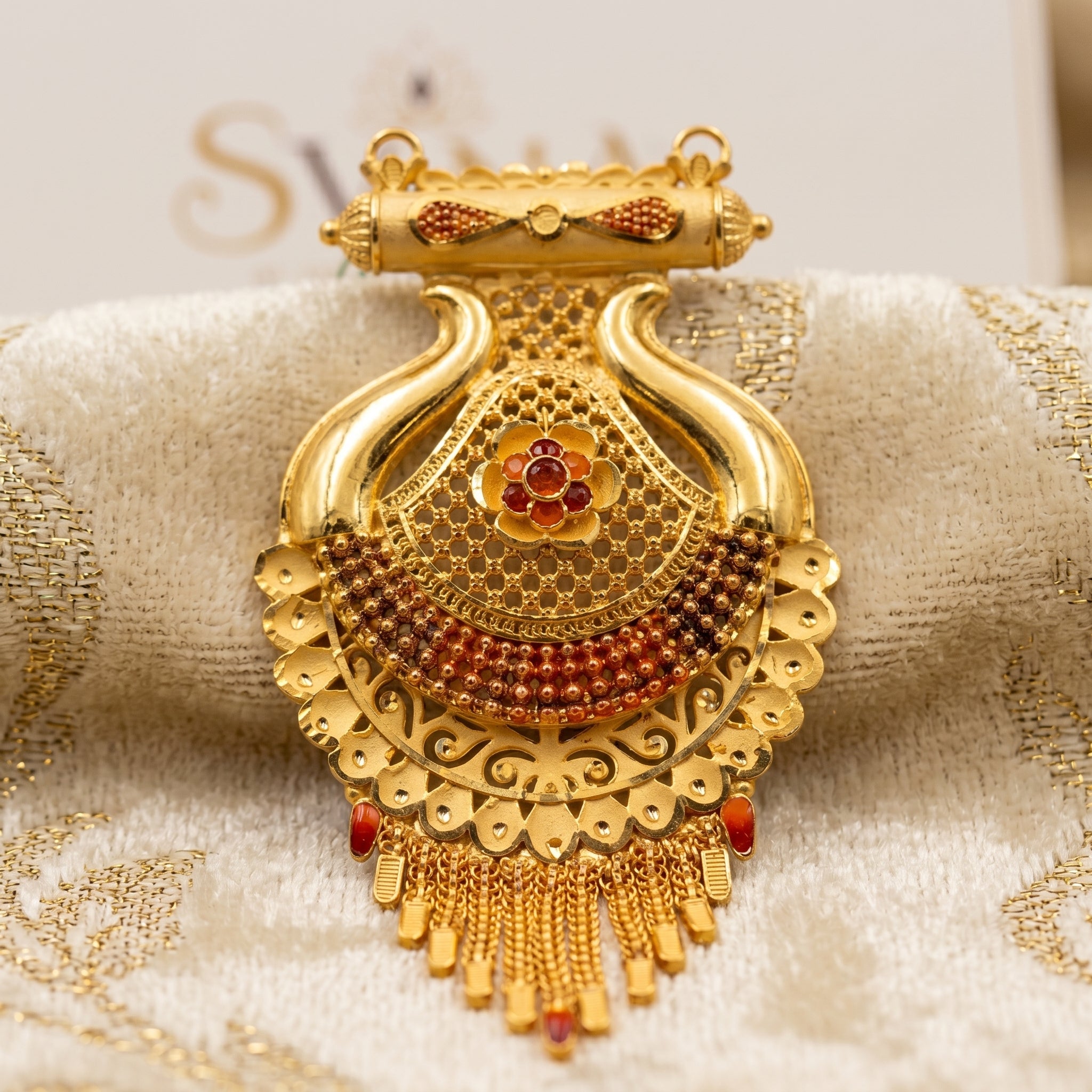 Gold Filigree Dome Meenakari Tassel Pendant Necklace Set