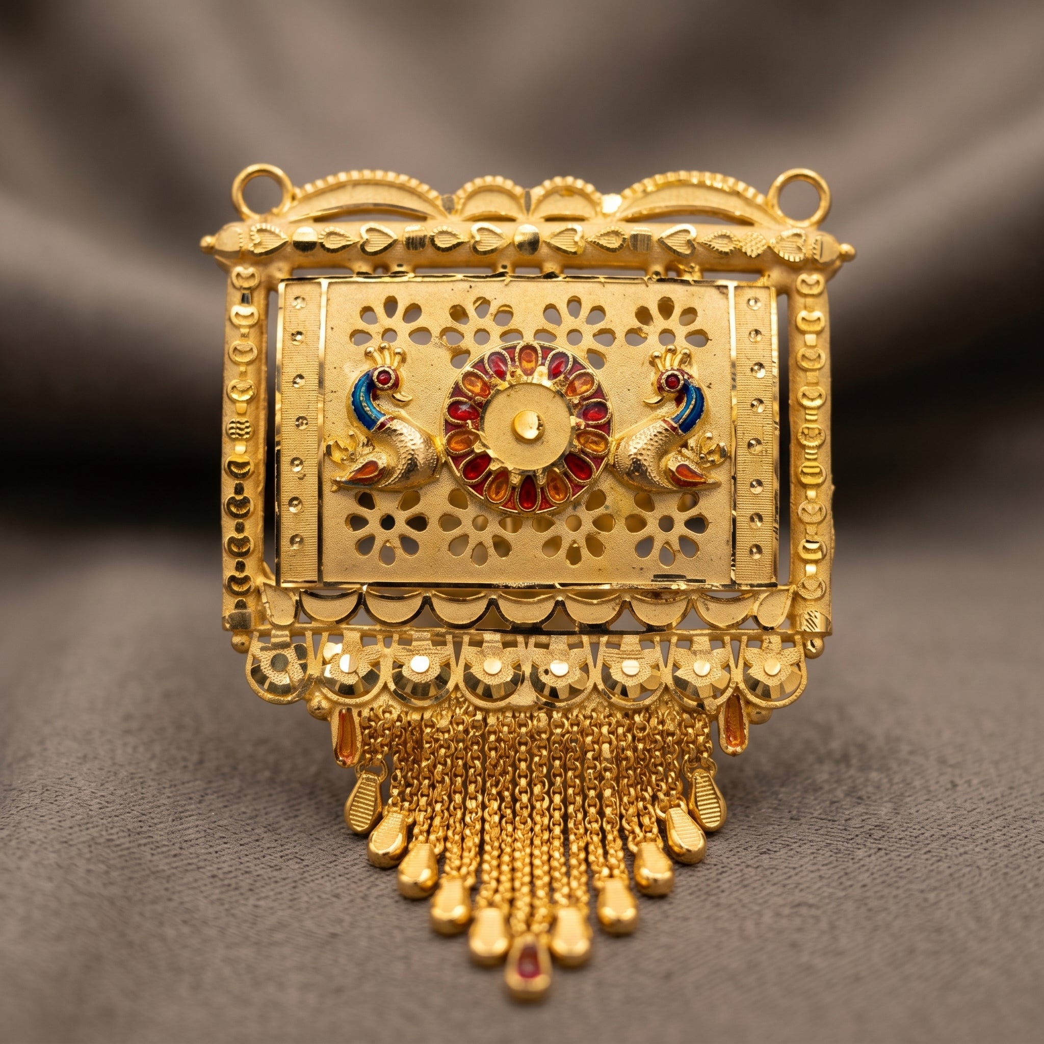 Gold Dual Peacock Meenakari Rectangle Tassel Pendant Necklace Set