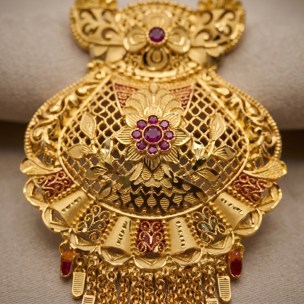 Gold Meenakari Floral Lattice Tassel Pendant Necklace Set